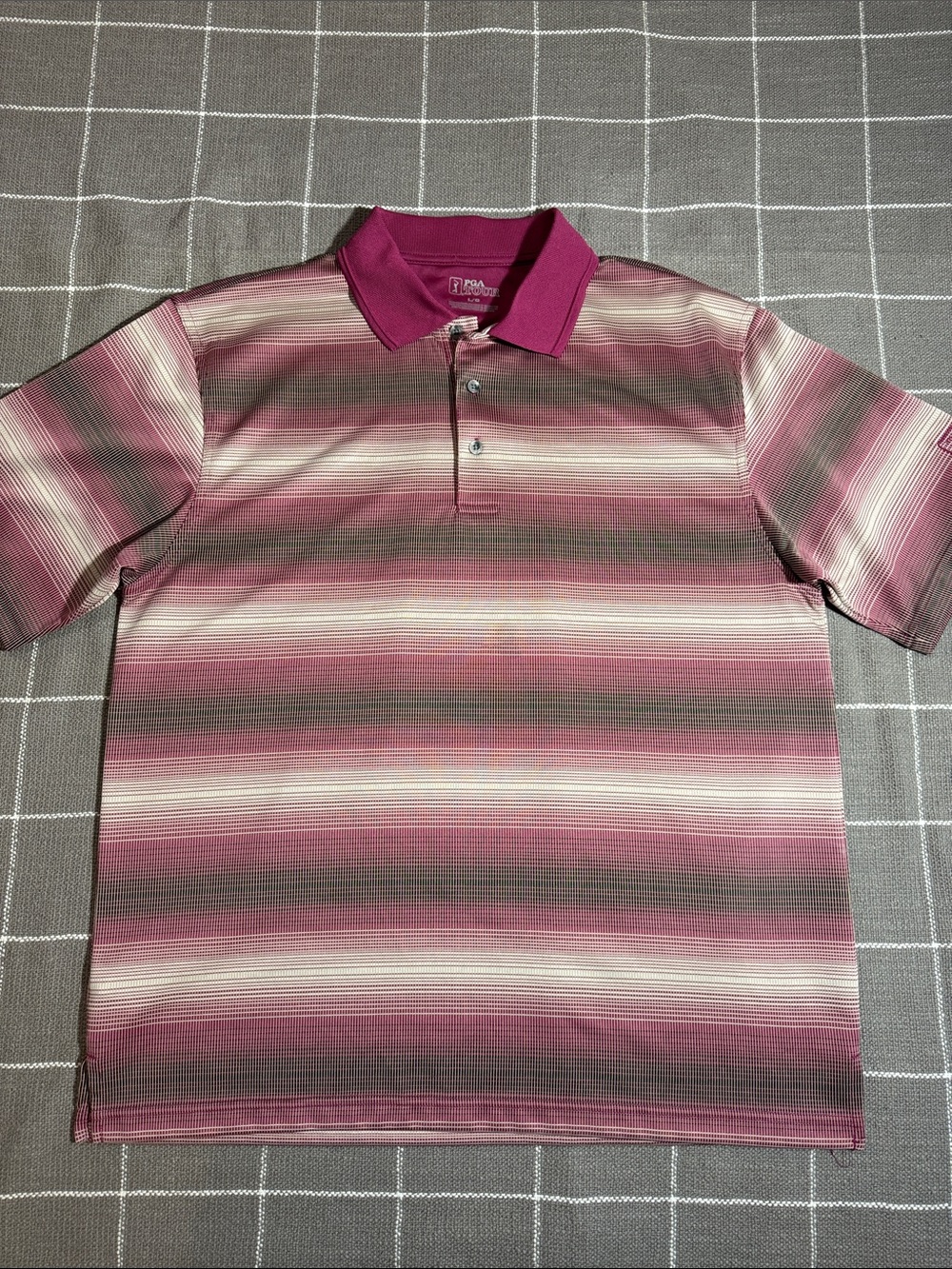 PGA Tour Magenta and Gray Striped Polo 3-button - Like New